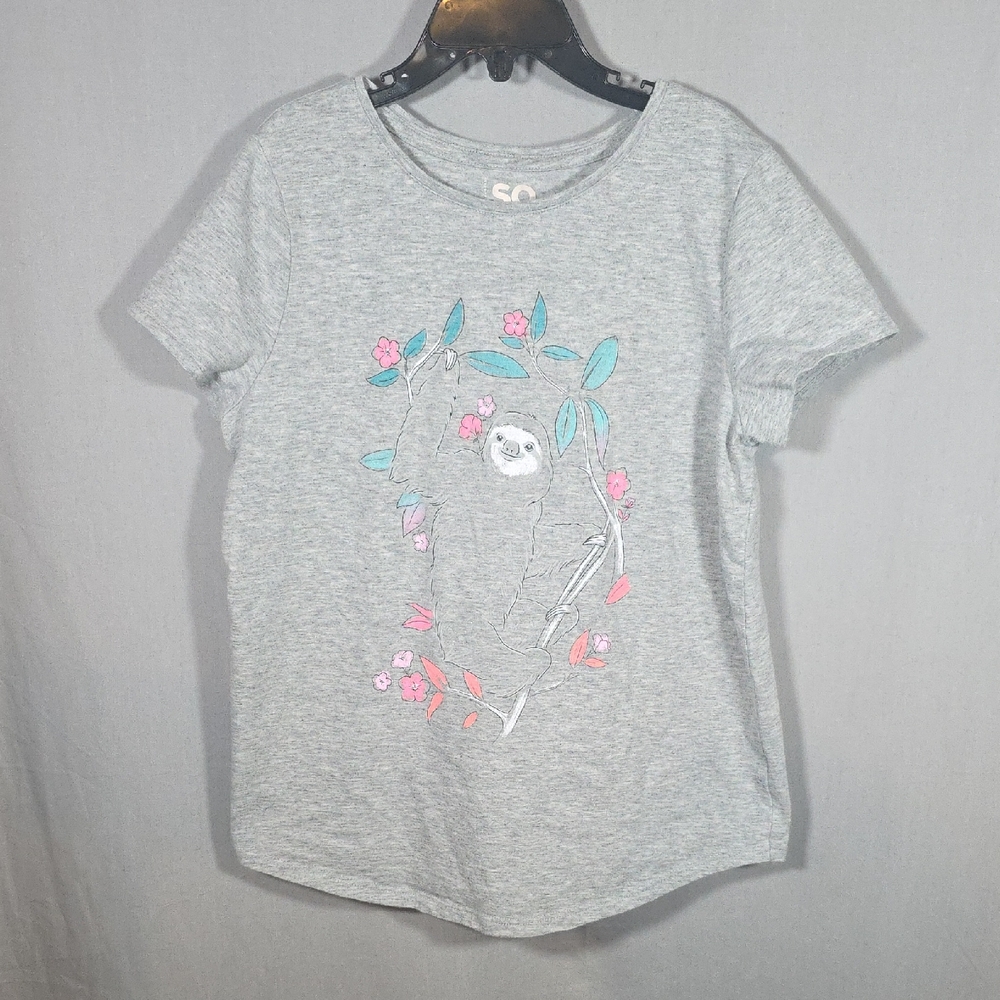 SO  Gray T-Shirt with Sloth and Floral Design girls size L (10/12)